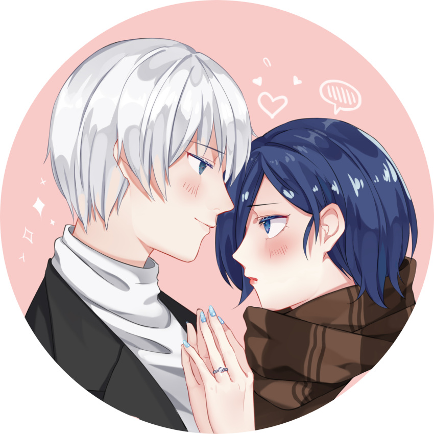 1boy, 1girl, bangs, black_jacket, blue_eyes, blue_hair, blue_nails, blush