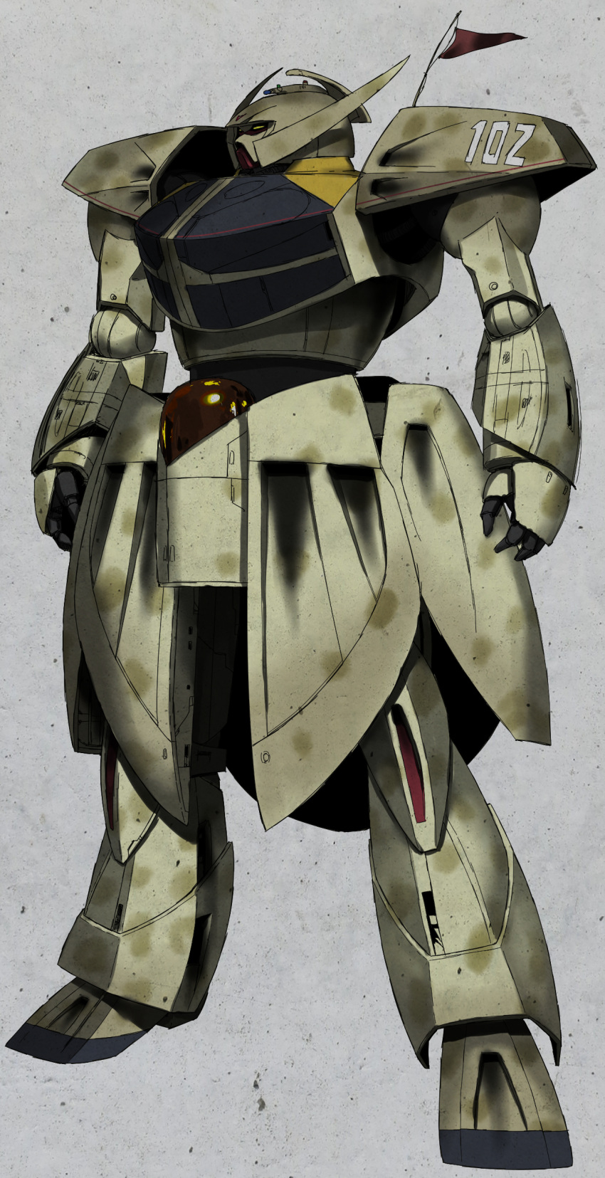 absurdres, flag, grey_background, gundam, highres, kondou_kazuhisa_(style), mecha, mobile_suit