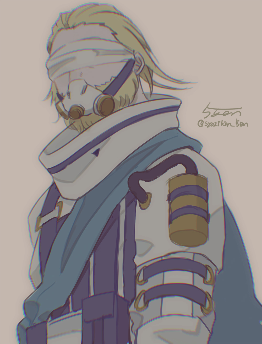 1boy, 5-en, apex_legends, beard, beige_background, blonde_hair, blue_scarf, cable, caustic_(apex_legends), covered_eyes, divine_right_caustic, facial_hair, facing_viewer, gas_mask, hair_behind_ear, hair_slicked_back, highres, jacket, male_focus, mask, scarf, solo, upper_body, white_blindfold, white_jacket