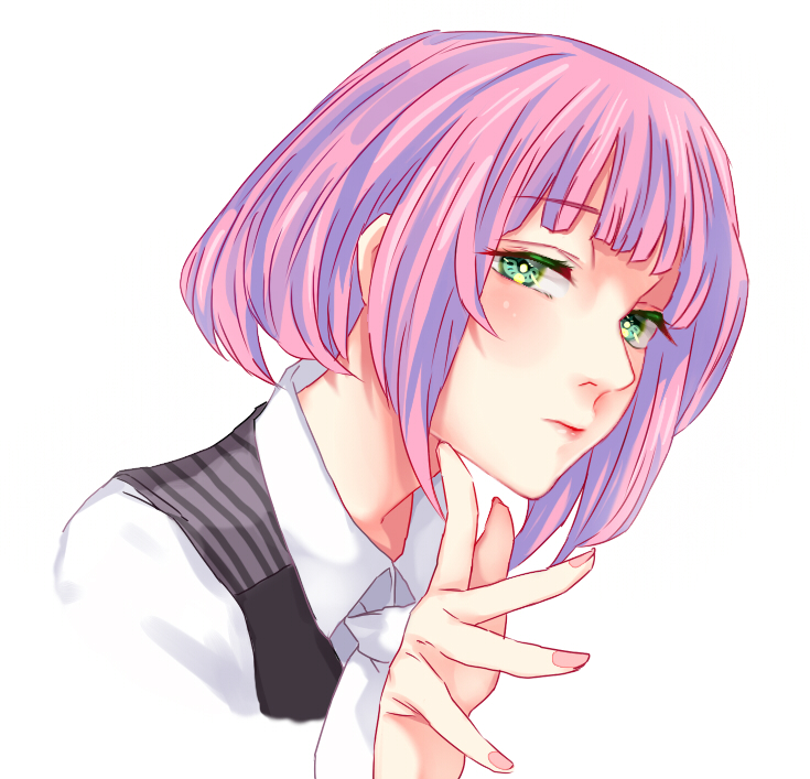 1girl, bangs, black_vest, bob_cut, closed_mouth, collared_shirt, cropped_shoulders, derivative_work