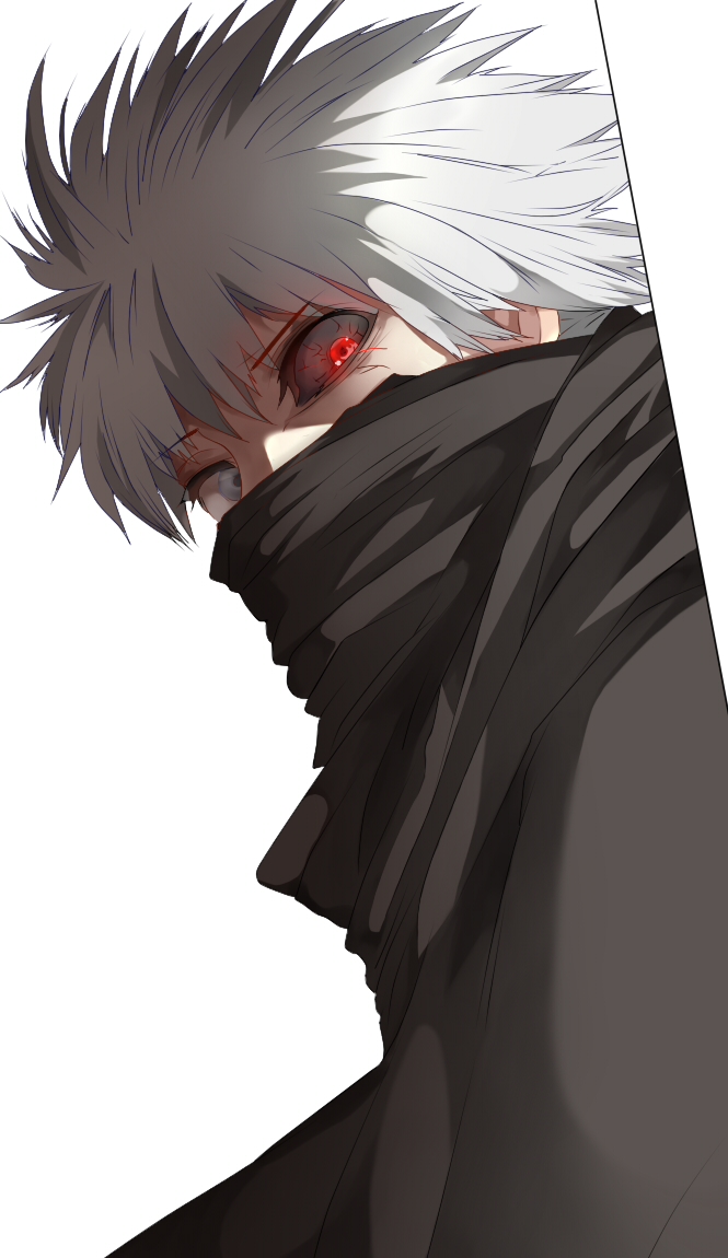1boy, bangs, black_cloak, black_scarf, black_sclera, cloak, colored_sclera, commentary_request, covered_mouth, derivative_work, g4265059, grey_background, grey_eyes, grey_hair, hair_between_eyes, heterochromia, kaneki_ken, looking_at_viewer, male_focus, red_eyes, scarf, short_hair, simple_background, solo, spiky_hair, tokyo_ghoul, tokyo_ghoul:re, upper_body