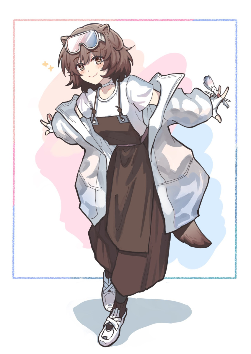 1girl, animal_ears, arknights, blush, brown_eyes, brown_hair, brown_overalls, choker