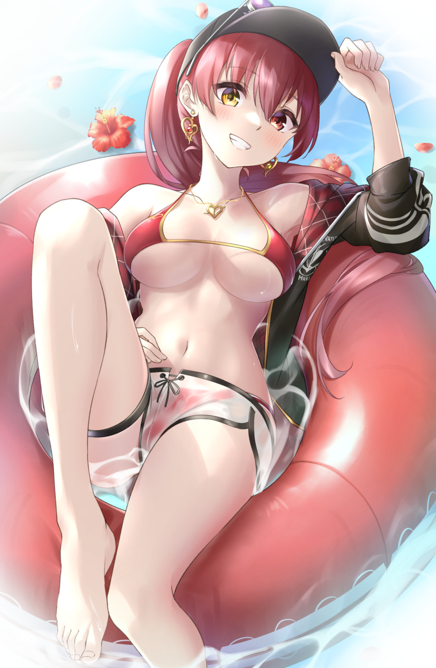 1girl, absurdres, bare_shoulders, barefoot, bikini, bikini_under_clothes, black_jacket, breasts, breasts_apart, collarbone, dolphin_shorts, earrings, grin, halter_top, halterneck, heart, heart_earrings, heart_necklace, heterochromia, highres, hololive, houshou_marine, innertube, jacket, jewelry, large_breasts, leg_up, long_hair, looking_at_viewer, lying, navel, on_back, ponytail, red_bikini, red_eyes, redhead, see-through_shorts, short_shorts, shorts, smile, solo, stomach, string_bikini, swimsuit, thigh_strap, toenails, toes, tsurupy, virtual_youtuber, water, wet, wet_shorts, white_shorts, yellow_eyes