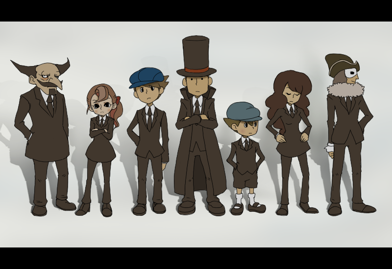 black_eyes, brown_hair, clive, closed_eyes, crossed_arms, don_paolo, flora_reinhold, formal, hat, hershel_layton, lineup, long_hair, luke_triton, necktie, parody, ponytail, professor_layton, short_hair, suit, top_hat