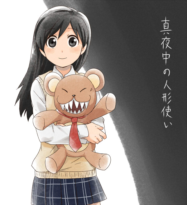 023hato, 1girl, black_eyes, black_hair, holding, holding_stuffed_toy, hood, long_hair, mayonaka_no_ningyoutsukai, michino_mayo, mister_masper, pleated_skirt, school_uniform, sharp_teeth, skirt, smile, stuffed_toy, sweater_vest, teeth