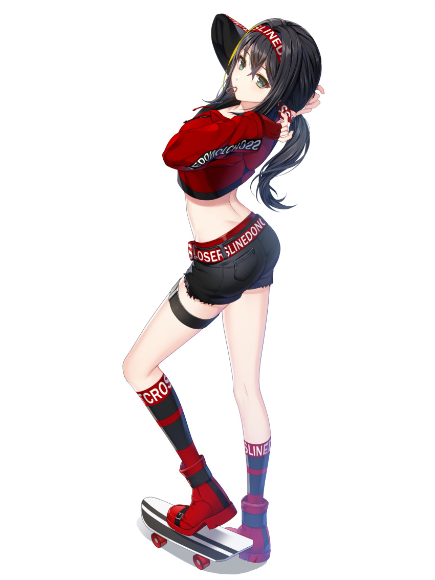 1girl, arms_up, ass, back, belt, black_hair, black_shorts, boots