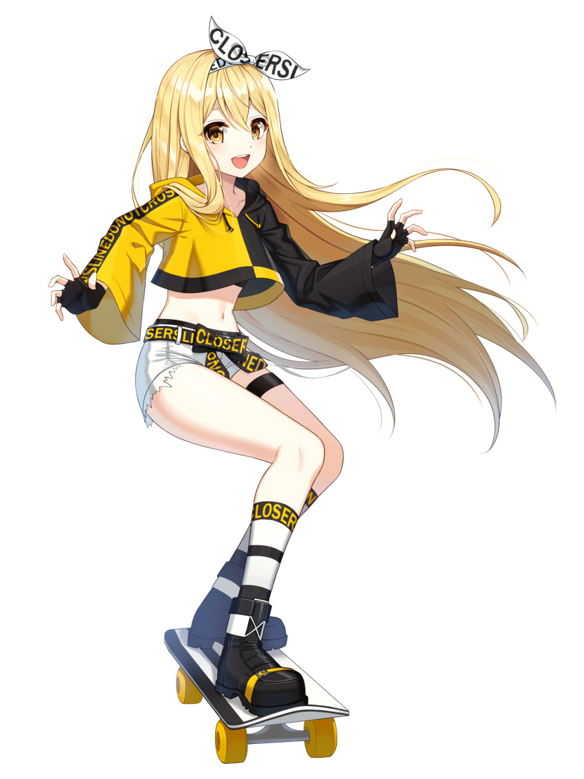 1girl, :d, belt, black_gloves, blonde_hair, boots, closers, crop_top, crop_top_overhang, cutoffs, drawstring, fingerless_gloves, floating_hair, full_body, gloves, hair_ribbon, highres, hood, hood_down, kneehighs, long_hair, long_sleeves, looking_at_viewer, lucy_(closers), midriff, navel, official_art, open_mouth, ribbon, short_shorts, shorts, skateboard, smile, solo, stomach, thigh_strap, thighs, two-tone_shirt, undershirt, very_long_hair, white_legwear, white_shorts, wide_sleeves, yellow_eyes