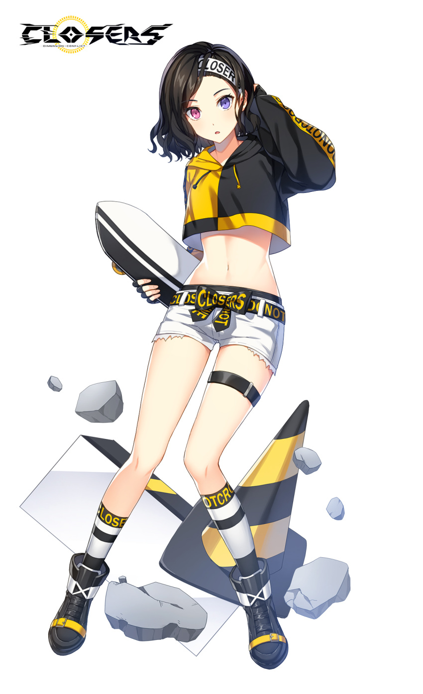 1girl, :o, arm_up, bai_winchester, belt, black_footwear, black_hair, boots