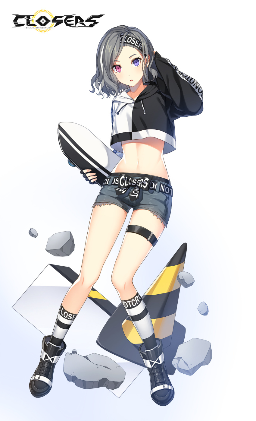 1girl, arm_up, bai_winchester, belt, black_footwear, boots, closers, crop_top