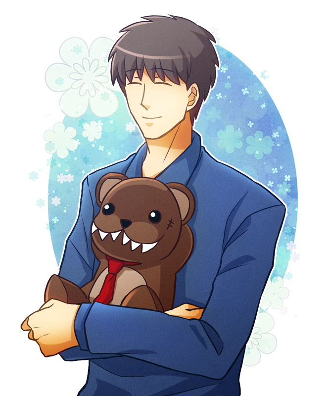 1boy, black_hair, closed_eyes, holding, holding_stuffed_toy, kaminokago, mayonaka_no_ningyoutsukai, michino_souta