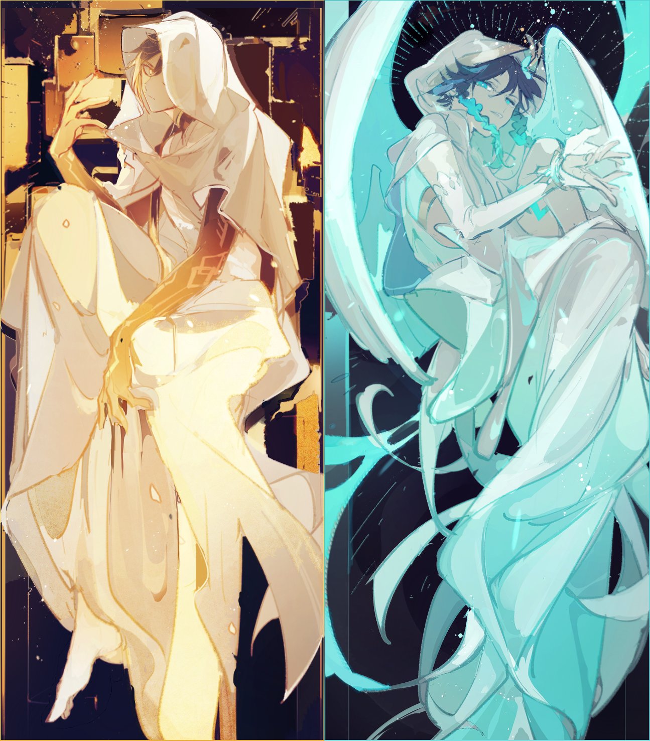 2boys, aqua_hair, ayano_(katou), bangs, barefoot, black_hair, blue_eyes, braid