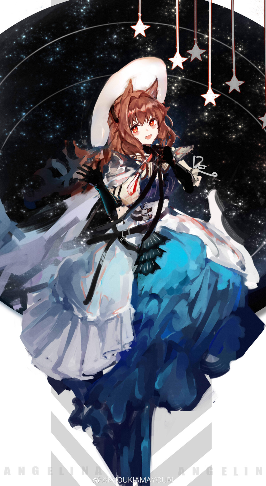 1girl, :d, absurdres, amayouri, angelina_(arknights), animal_ears, arknights, astesia_(arknights), astesia_(arknights)_(cosplay), astesia_(starseeker)_(arknights), astesia_(starseeker)_(arknights)_(cosplay), black_gloves, blue_dress, chinese_commentary, commentary_request, cosplay, dress, elbow_gloves, fox_ears, gloves, hair_intakes, hat, highres, looking_at_viewer, official_alternate_costume, open_mouth, red_eyes, smile, solo, star_(sky), star_(symbol), two-tone_dress, waving, white_dress, white_headwear