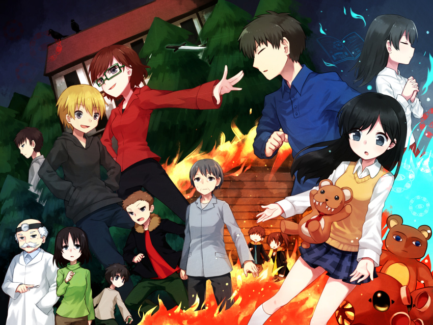 3girls, 6+boys, bald, black_eyes, black_hair, blazer, blonde_hair, brown_hair, bug, father_and_daughter, fire, fur_jacket, glasses, grey_hair, head_mirror, highres, hood, ishikawa_kirisaku, itou_shousuke, jacket, kamikura_seiji, keito_(mayonaka_no_ningyoutsukai), kishikawa_midori, knife, labcoat, long_hair, makita_hiroshi, mayonaka_no_ningyoutsukai, michino_mayo, michino_miki, michino_souta, mikan_(ama_no_hakoniwa), mister_masper, mobiac, moegi_shun, mother_and_daughter, mukimuki, multiple_boys, multiple_girls, old, old_man, pleated_skirt, scalpel, school_uniform, sharp_teeth, short_hair, skirt, smile, stuffed_animal, stuffed_toy, sweater_vest, takahashi_miren, teddy_bear, teeth, wrinkled_skin