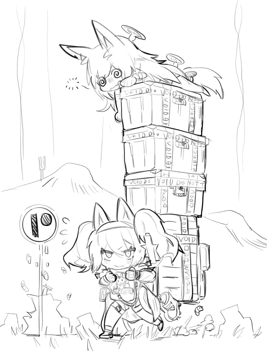 2girls, @_@, absurdres, angelina_(arknights), animal_ears, arknights, box, carrying