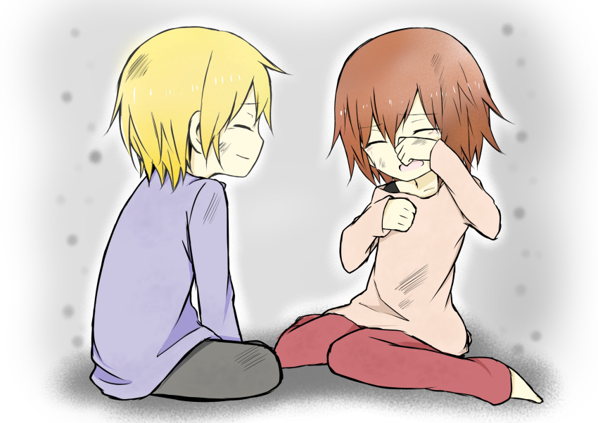 1boy, 1girl, absurdres, blonde_hair, brown_hair, child, closed_eyes, crying