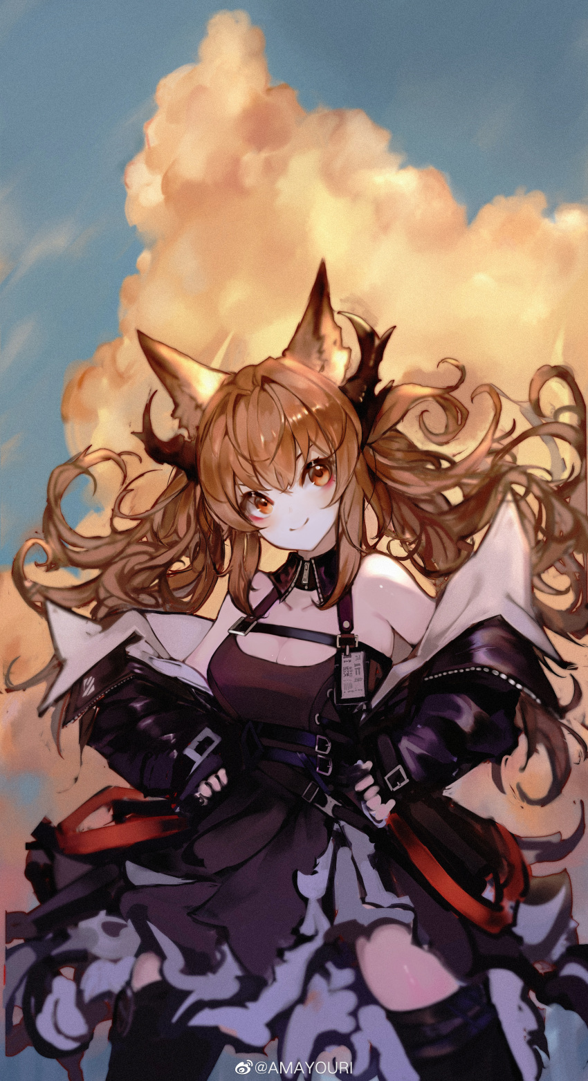 1girl, absurdres, amayouri, angelina_(arknights), arknights, bare_shoulders, black_collar, black_dress