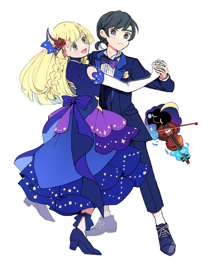 1boy, 1girl, 1other, alternate_costume, alternate_hairstyle, atsumi_yoshioka, bare_shoulders, black_eyes, black_hair, blonde_hair, blue_bow, blue_dress, blue_footwear, blue_suit, blush, bow, bowtie, braid, buttons, closed_mouth, commentary_request, cosmog, dancing, detached_sleeves, dress, elbow_gloves, eyebrows_visible_through_hair, flower, formal, frilled_skirt, frills, gloves, green_eyes, hair_flower, hair_ornament, hand_on_another's_back, high_heels, holding_hands, instrument, legendary_pokemon, lillie_(pokemon), long_hair, long_sleeves, looking_at_another, looking_away, official_alternate_costume, open_mouth, pocket, pokemon, pokemon_(creature), pokemon_(game), pokemon_masters_ex, pokemon_sm, ponytail, purple_bow, purple_neckwear, red_flower, shoes, short_hair, short_ponytail, side_braid, simple_background, skirt, sleeveless, smile, suit, sun_(pokemon), turtleneck, turtleneck_dress, violin, waltz_(dance), white_background, white_gloves