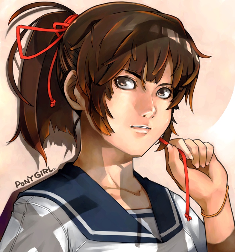 brown_hair, ponytail, recube, school_uniform, serafuku, short_hair, solo