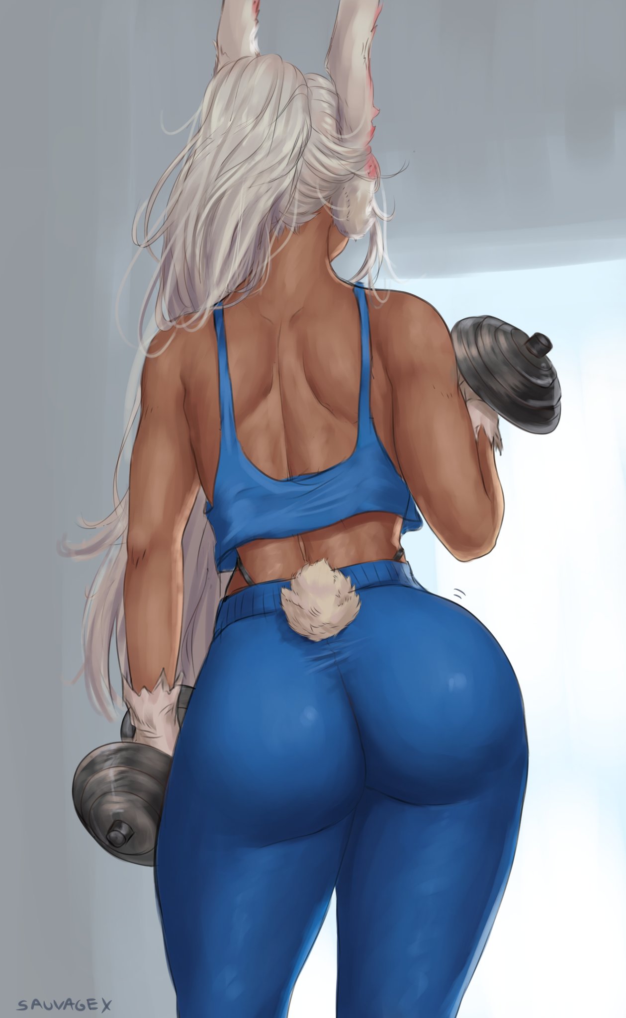 1girl, alternate_costume, animal_ears, artist_name, ass, ass_focus, back, biceps