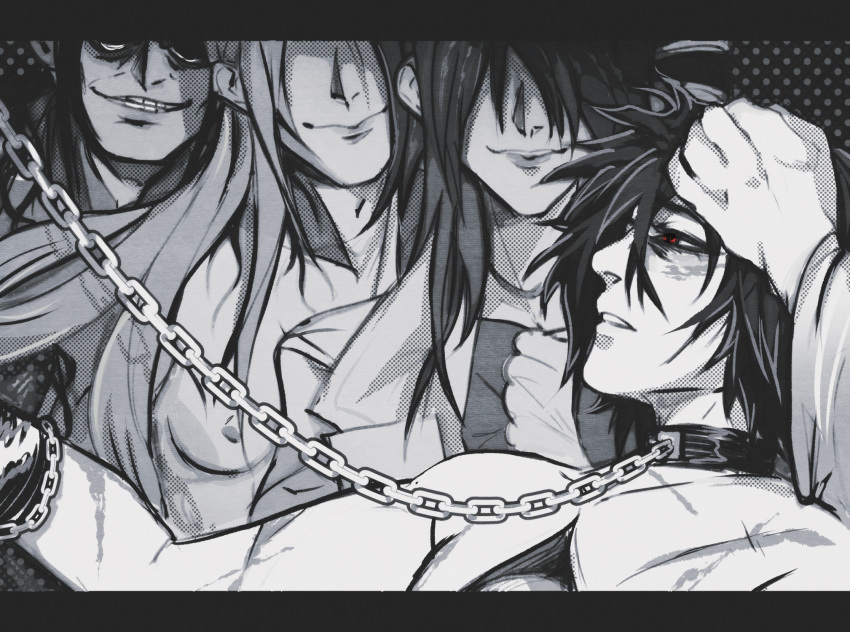 black_hair, chain, collar, dirge_of_cerberus_final_fantasy_vii, final_fantasy, final_fantasy_vii, glasses, greyscale