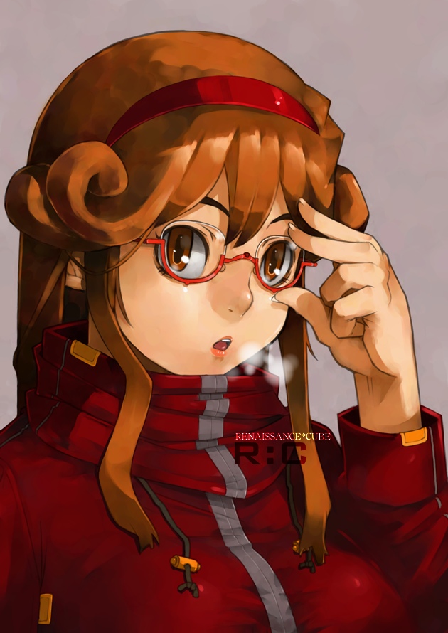 brown_eyes, brown_hair, glasses, hairband, open_mouth, original, recube, solo
