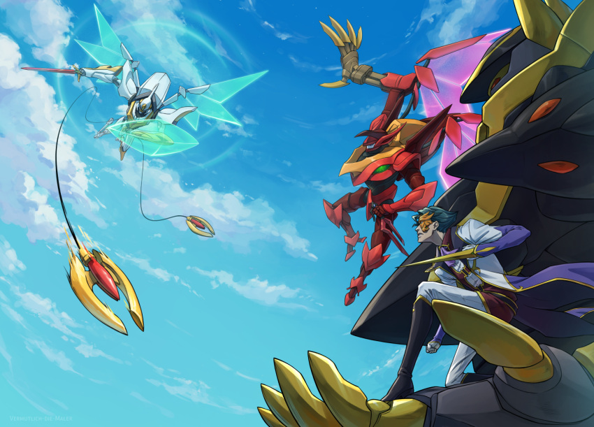 1boy, black_footwear, blue_hair, boots, clenched_hand, clip_studio_paint_(medium), clouds, code_geass