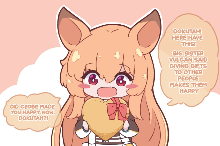 1girl, :d, animal_ears, arknights, bangs, blush_stickers, brown_background, brown_hair