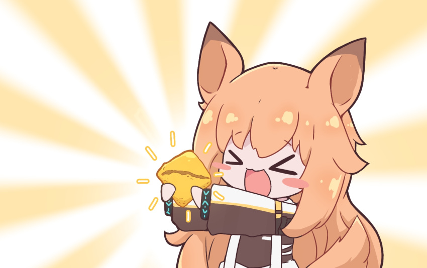 >_<, 1girl, :d, animal_ears, arknights, bangs, blush_stickers, brown_hair, brown_jacket, ceobe_(arknights), closed_eyes, eyebrows_visible_through_hair, facing_viewer, holding, jacket, kurotofu, long_hair, long_sleeves, notice_lines, open_mouth, outstretched_arms, smile, solo, sunburst, sunburst_background, upper_body, very_long_hair, xd