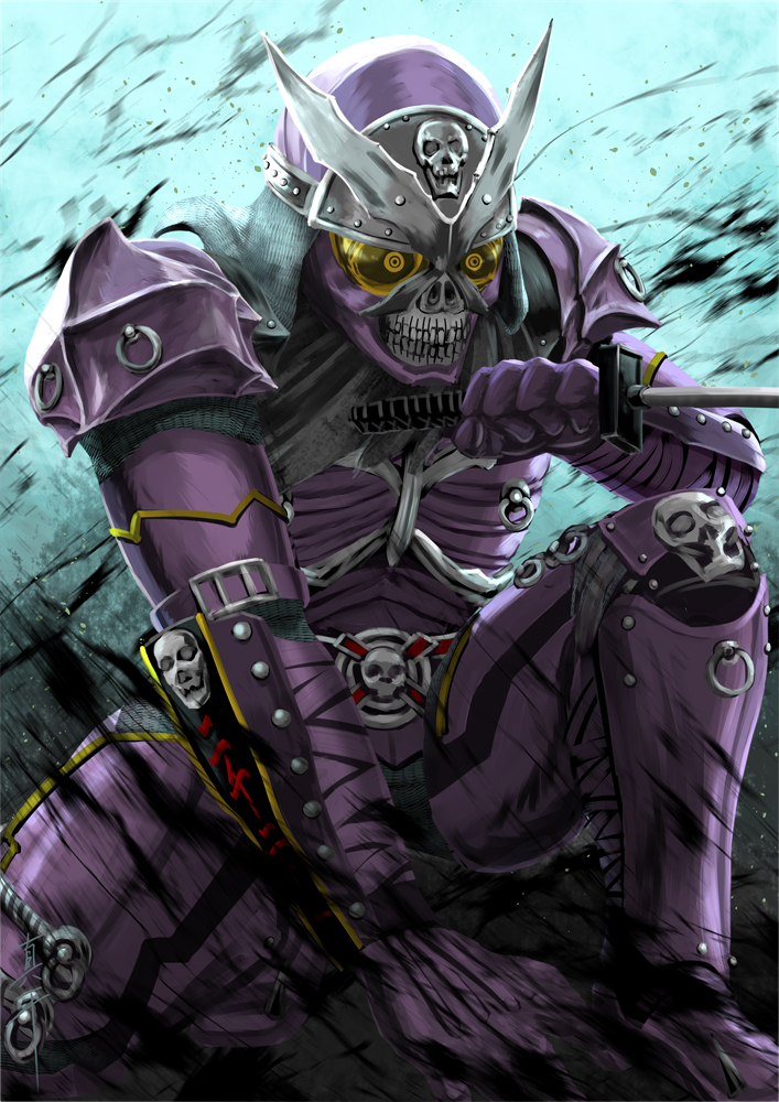 1boy, another_rider_(zi-o), another_shinobi_(zi-o), armor, clenched_teeth, compound_eyes, creature, evil, helmet, kamen_rider, kamen_rider_zi-o_(series), katana, mask, monster, ninja, on_ground, purple_armor, shinpei_(shimpay), skull, skull_and_crossbones, skull_mask, sword, teeth, weapon, yellow_eyes