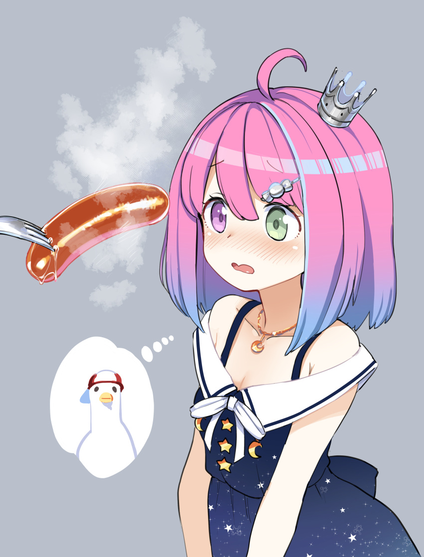 1girl, absurdres, ahoge, aomushi_(mushamusha), bare_shoulders, black_dress, blush, breasts, candy_hair_ornament, commentary_request, crescent_necklace, crown, dress, embarrassed, food, food-themed_hair_ornament, gradient_hair, green_eyes, hair_ornament, hairclip, heterochromia, highres, himemori_luna, hololive, medium_hair, mini_crown, multicolored_hair, off-shoulder_dress, off_shoulder, pink_hair, princess, purple_hair, sausage, sausage_legend, sexually_suggestive, short_dress, sleeveless, sleeveless_dress, small_breasts, solo, subaru_duck, thought_bubble, tilted_headwear, violet_eyes, virtual_youtuber, wavy_mouth
