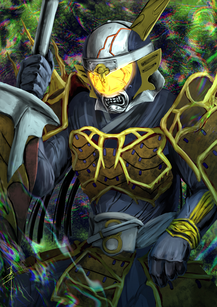1boy, another_gaim_(zi-o), another_rider_(zi-o), armor, clenched_teeth, creature, demon, evil, fangs, forest, glowing, glowing_eyes, helmet, holding, holding_sword, holding_weapon, horns, japanese_armor, japanese_clothes, kamen_rider, kamen_rider_zi-o_(series), knife, looking_at_viewer, monster, nature, oni, orange_armor, orange_horns, samurai, shinpei_(shimpay), single_horn, solo, sword, teeth, visor, weapon