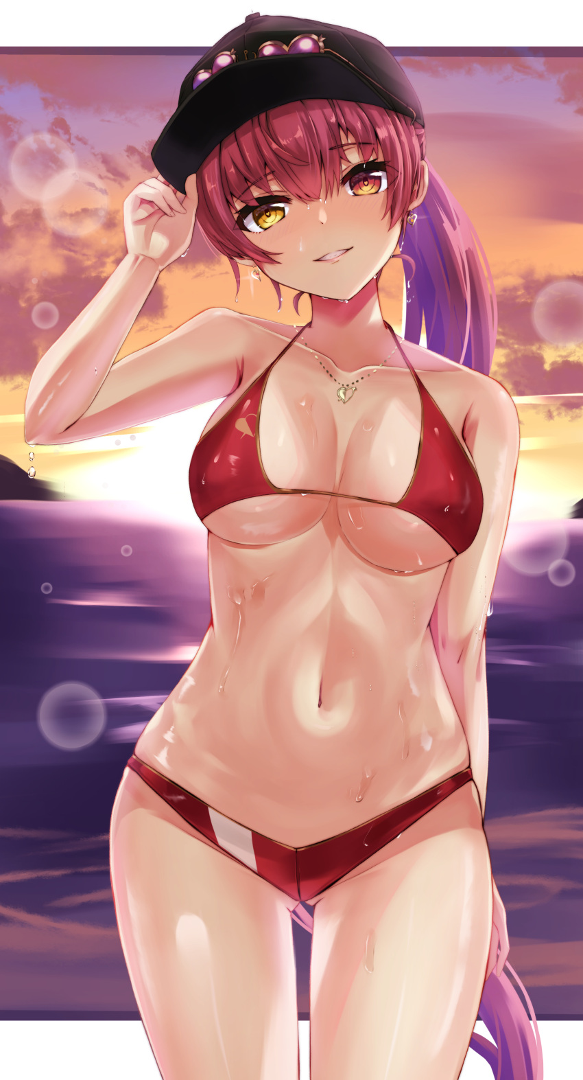 1girl, absurdres, adjusting_clothes, adjusting_headwear, ass_visible_through_thighs, baseball_cap, bikini, black_headwear, blush, breasts, curvy, earrings, halter_top, halterneck, hat, heart, heart-shaped_eyewear, heart_earrings, heart_necklace, heterochromia, highres, hololive, houshou_marine, jewelry, large_breasts, li_zhu, long_hair, looking_at_viewer, navel, parted_lips, ponytail, red_bikini, red_eyes, redhead, smile, solo, stomach, string_bikini, sunglasses, swimsuit, very_long_hair, virtual_youtuber, yellow_eyes