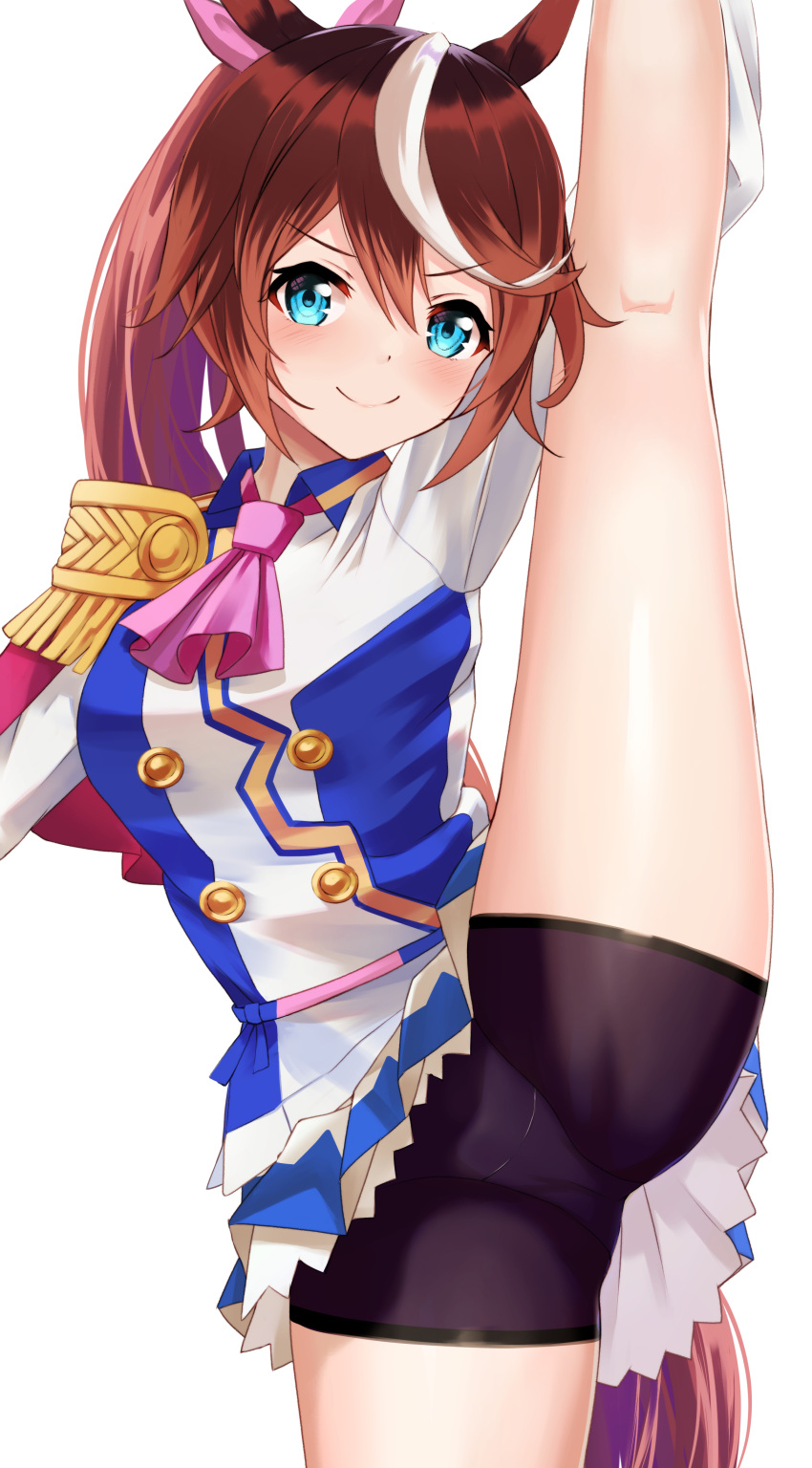 >:), 1girl, absurdres, animal_ears, ascot, bike_shorts, black_shorts, blue_eyes