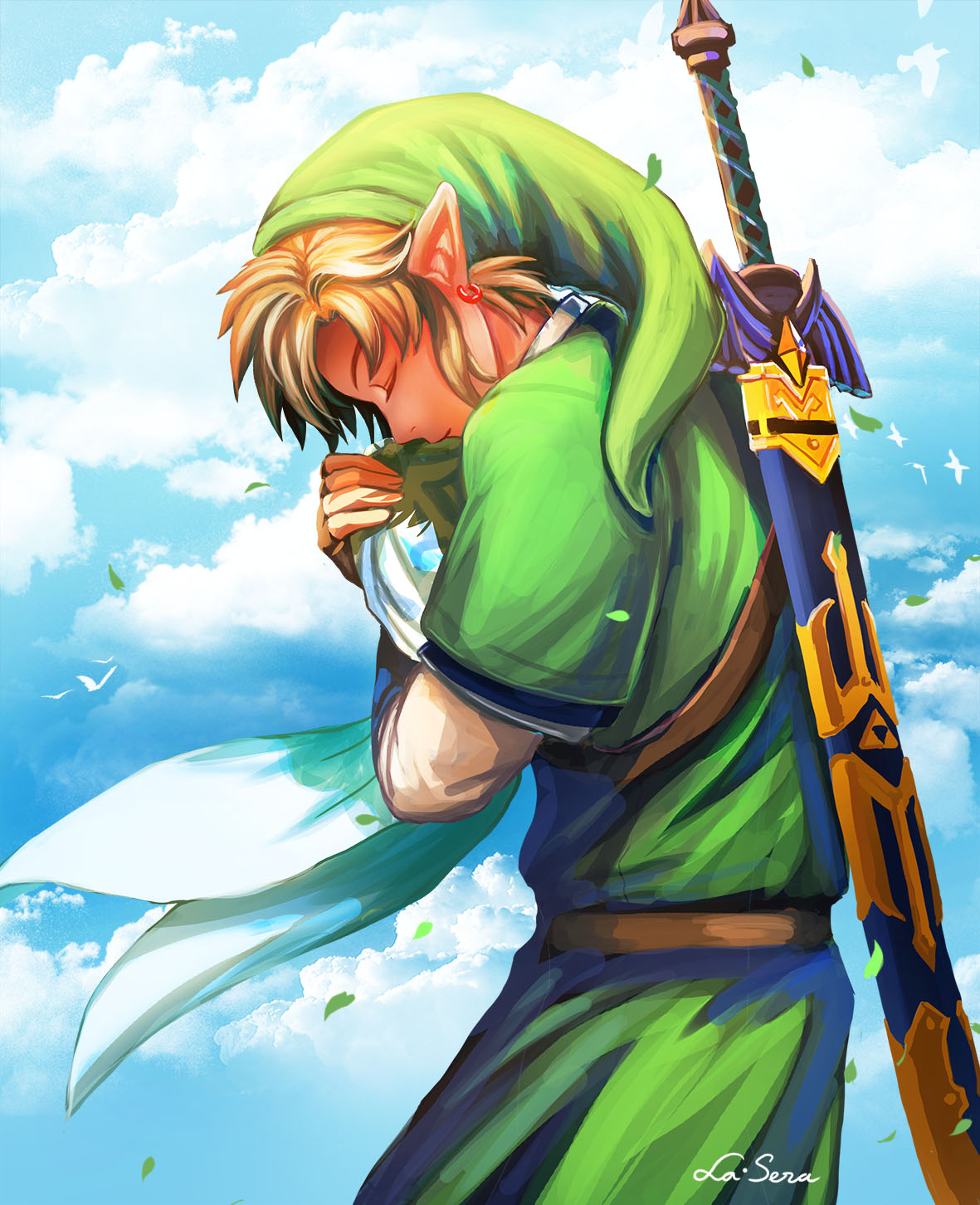 1boy, belt, bird, blonde_hair, blue_sky, closed_eyes, clouds, earrings