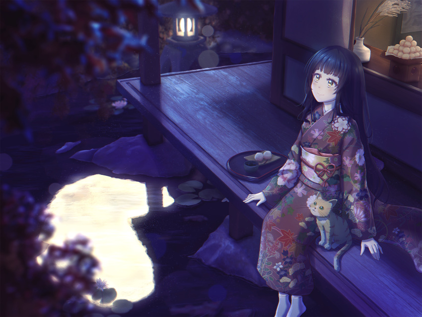 1girl, bangs, black_hair, cat, commentary_request, dango, floral_print, food, higenekopic, highres, japanese_clothes, kimono, lily_pad, long_hair, moon_reflection, night, original, pond, reflection, solo, stone_lantern, susuki_grass, tray, tsukimi, tsukimi_dango, wagashi, yellow_eyes
