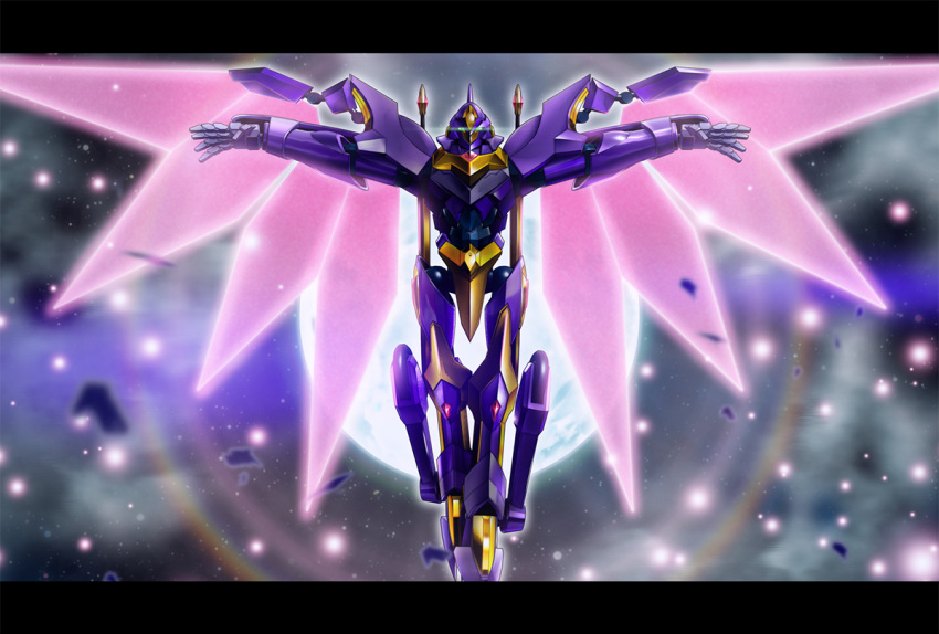 alternate_color, code_geass, energy_wings, flying, glowing, glowing_eyes, green_eyes, knightmare_frame, lancelot_(code_geass), lancelot_albion, mecha, moon, open_hands, solo, wheel, windy_(rpsa7872)