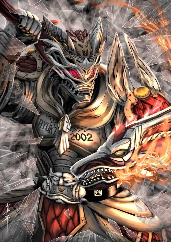 1boy, 2002, another_rider_(zi-o), another_ryuki_(zi-o), armor, asymmetrical_armor, compound_eyes, creature, dragon, dragon_horns, eastern_dragon, evil, fangs, glass, gloves, helmet, holding, holding_sword, holding_weapon, horns, japanese_armor, kamen_rider, kamen_rider_zi-o_(series), mirror, monster, red_armor, red_eyes, reflection, sharp_teeth, shattered, shinpei_(shimpay), single_glove, single_hand, solo, sword, teeth, weapon, white_armor, yellow_eyes