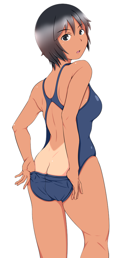 1girl, ass, black_eyes, black_hair, breasts, clothes_pull, competition_swimsuit, highleg