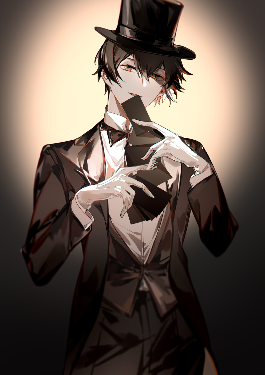 1boy, absurdres, biting, black_hair, black_headwear, black_jacket, black_neckwear, black_pants