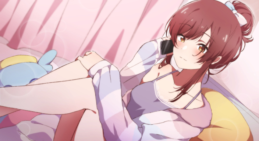 1girl, alternate_hairstyle, bare_legs, bare_shoulders, blurry, blush, bokeh, bow