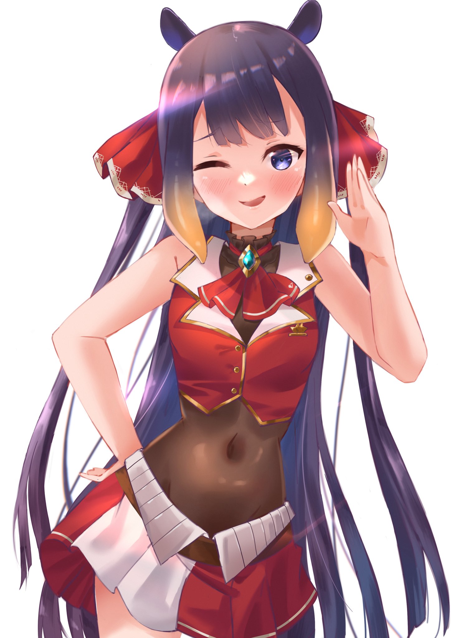 1girl, ascot, blush, brooch, cosplay, covered_navel, eyebrows_visible_through_hair, gold_trim