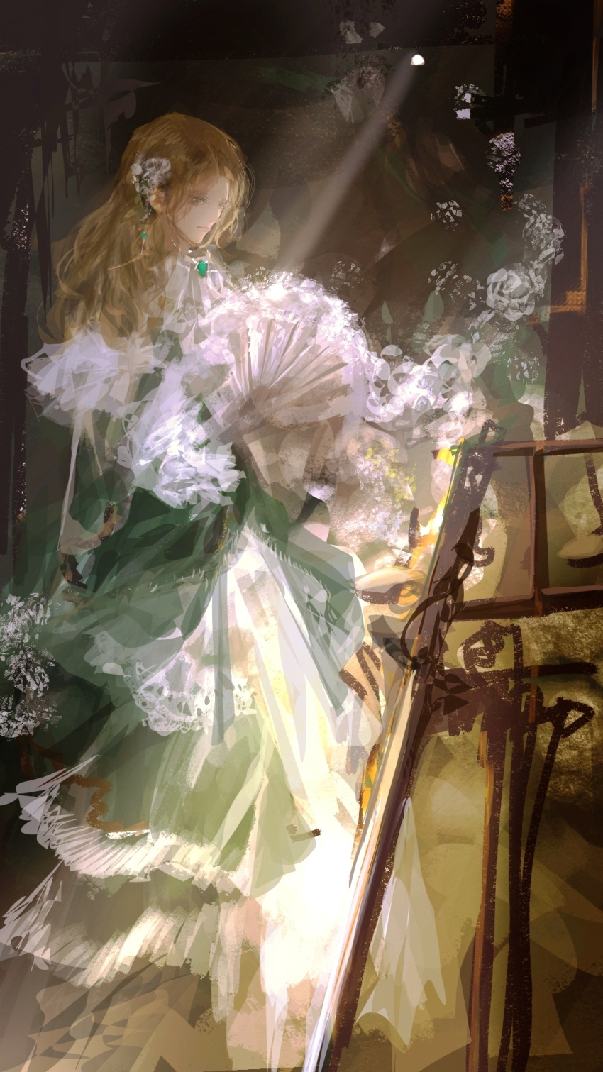 1girl, audrey_hall, blonde_hair, chinese_commentary, commentary_request, dress, earrings, emerald_(gemstone)