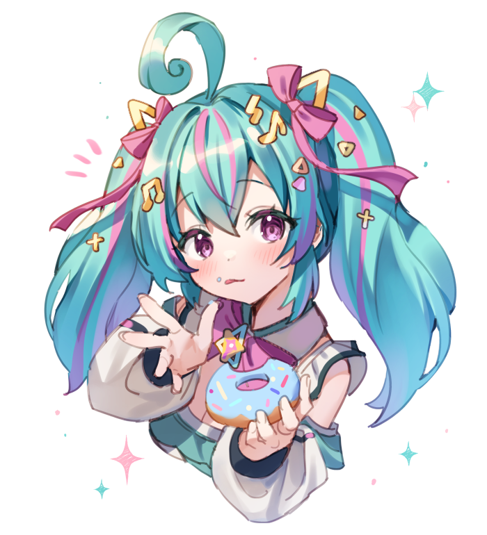 1girl, ahoge, bangs, blue_hair, chyoling, detached_sleeves, doughnut, eyebrows_visible_through_hair, food, hair_between_eyes, hair_ribbon, hekina_ail, licking_lips, long_sleeves, looking_at_viewer, multicolored_hair, pink_hair, puffy_long_sleeves, puffy_sleeves, re:act, ribbon, solo, tongue, tongue_out, triangle_hair_ornament, two-tone_hair, violet_eyes, white_background