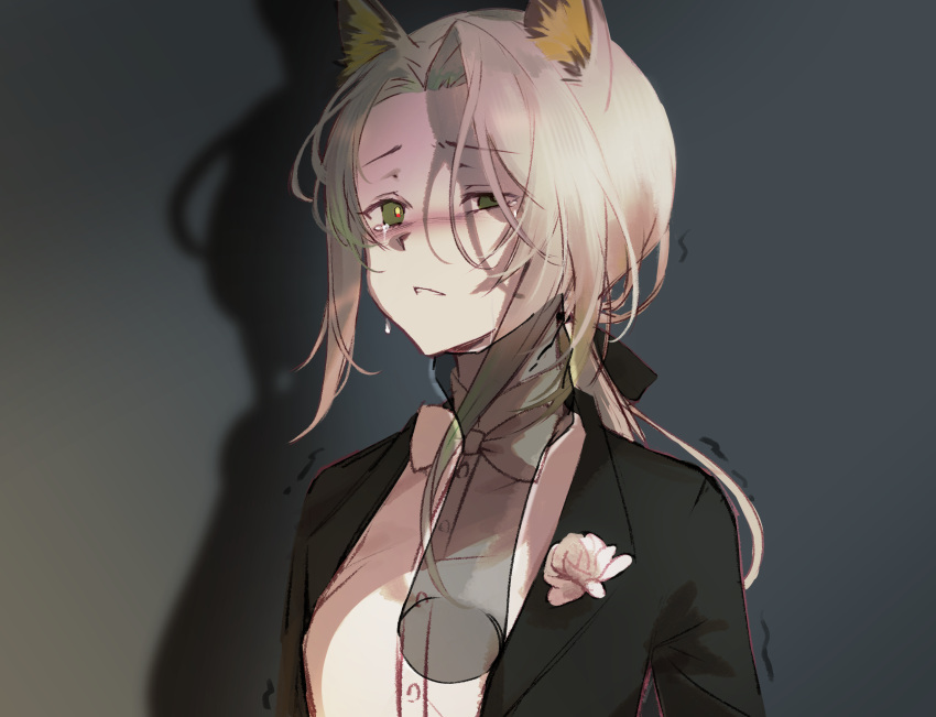 1girl, animal_ears, arknights, bangs, black_background, black_suit, bow, bowtie