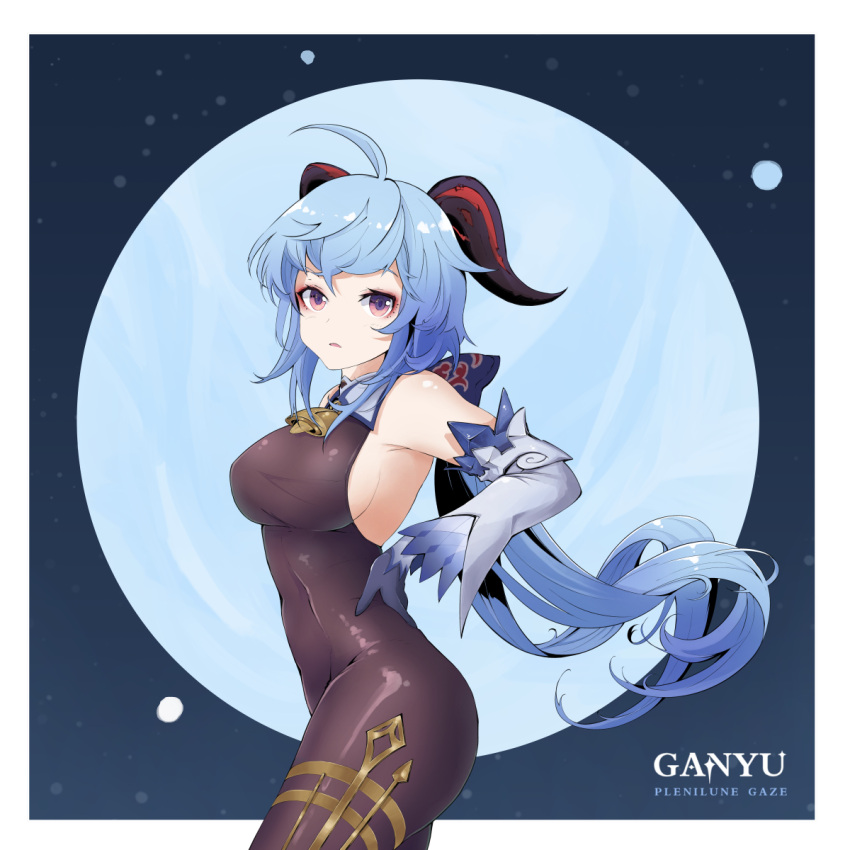 ahoge, bangs, bare_shoulders, bell, black_gloves, blue_hair, bodystocking, bow