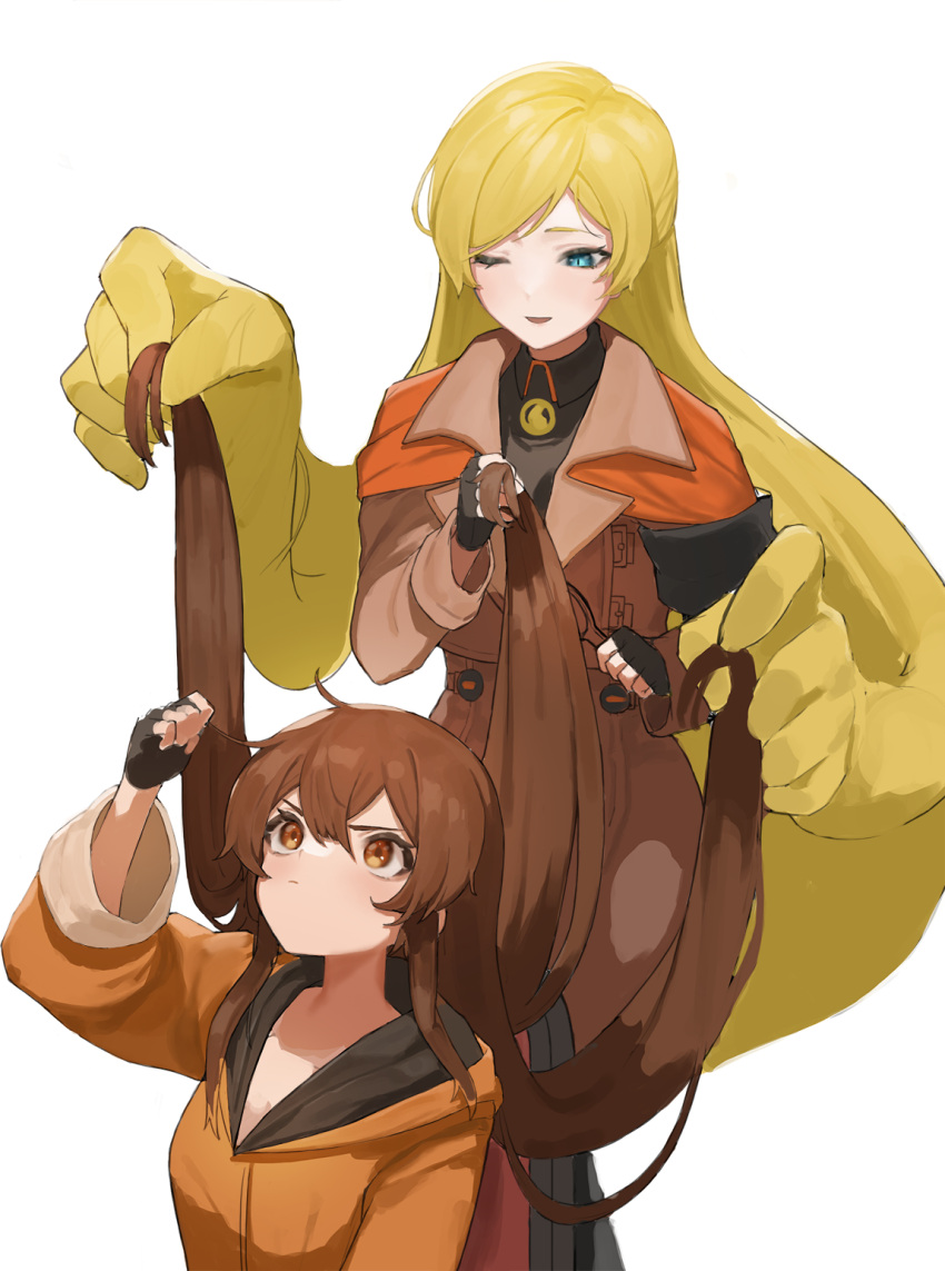 2girls, bangs, black_gloves, blonde_hair, blue_eyes, brown_coat, brown_eyes, brown_hair