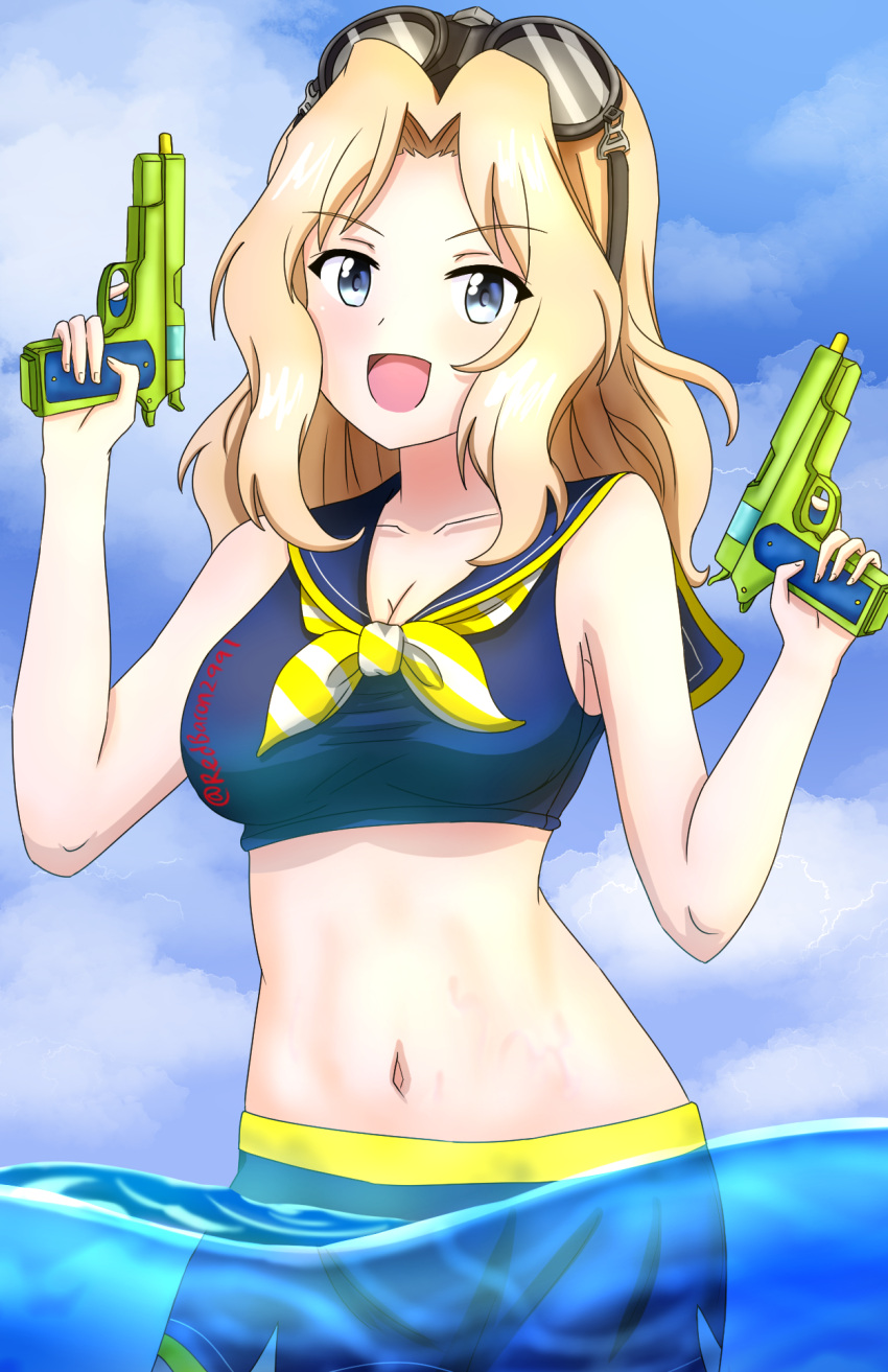 1girl, :d, bikini, bikini_skirt, blonde_hair, blue_bikini, blue_eyes, blue_sky, clouds, cloudy_sky, commentary, day, dual_wielding, eyebrows_visible_through_hair, girls_und_panzer, goggles, goggles_on_head, hair_intakes, highres, holding, kay_(girls_und_panzer), long_hair, looking_at_viewer, neckerchief, open_mouth, outdoors, redbaron, sailor_bikini, sailor_collar, sky, smile, solo, standing, swimsuit, twitter_username, wading, water, water_gun, yellow_neckwear