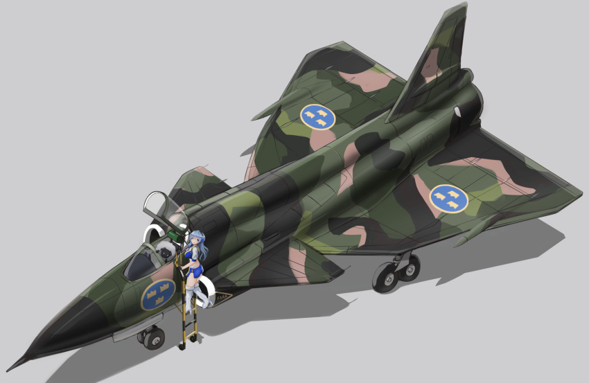 1girl, aircraft, airplane, blue_eyes, blue_hair, blue_skirt, boots, breasts