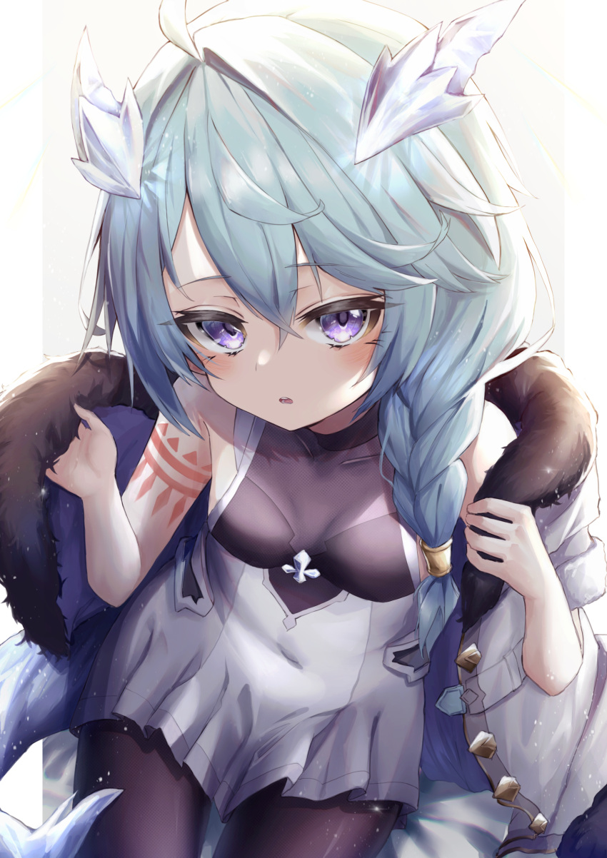 1girl, absurdres, ahoge, aqua_hair, arm_tattoo, bangs, beige_background, blush