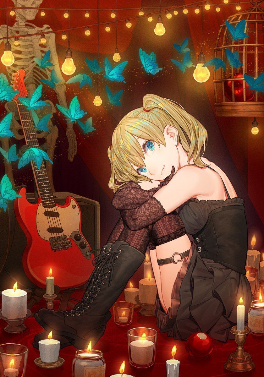 1girl, amplifier_(instrument), apple, black_camisole, black_footwear, black_legwear, black_skirt, blonde_hair